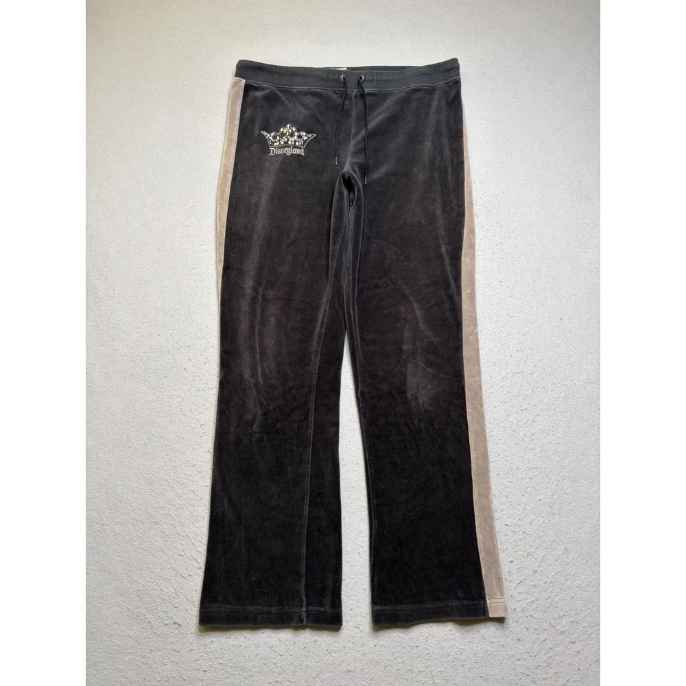 Disneyland Resort Pants Womens M Gray Velour Y2K Rhinestone Crown Track Jogger